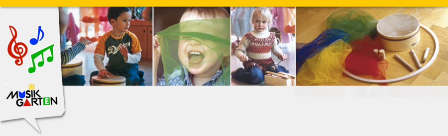 Silkes Musikgarten: Logo mit Musiknoten, Kinder mit Rahmentrommel, Schal und Xylophon